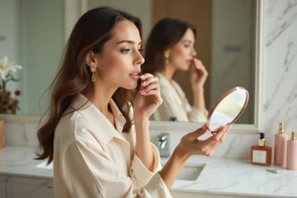 Femme appliquant un rouge à lèvres dans une salle de bain élégante