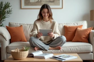 Femme détendue sur un canapé cosy consultant un outil de budget maison sur tablette dans un salon décoré avec soin