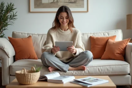 Femme détendue sur un canapé cosy consultant un outil de budget maison sur tablette dans un salon décoré avec soin