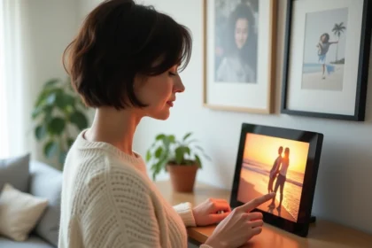 Femme consultant un cadre photo connecté posé sur une étagère en bois dans un salon moderne au style scandinave