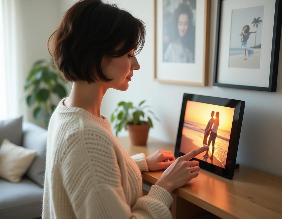 Femme consultant un cadre photo connecté posé sur une étagère en bois dans un salon moderne au style scandinave