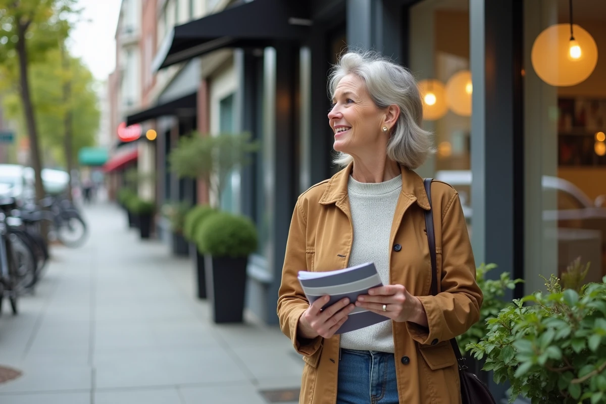 Femme regardant la vitrine d'un magasin de peinture moderne