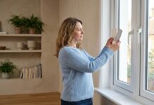 Le choix de la couleur pour vos fenêtres en PVC Femme réfléchissant à des échantillons de couleur près d'une fenêtre PVC