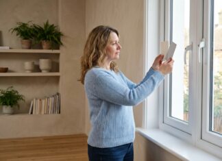Femme réfléchissant à des échantillons de couleur près d'une fenêtre PVC