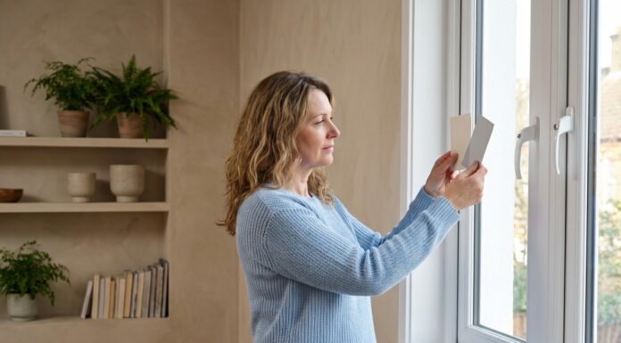 Femme réfléchissant à des échantillons de couleur près d'une fenêtre PVC