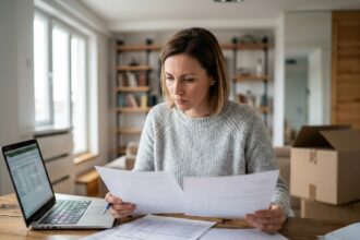 Femme comparant des devis d'assurance déménagement sur des documents imprimés posés sur une table en bois