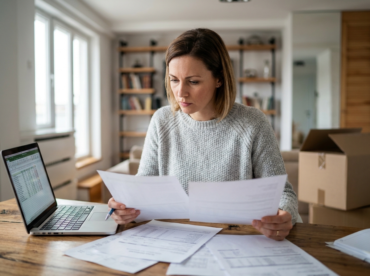 Femme comparant des devis d'assurance déménagement sur des documents imprimés posés sur une table en bois