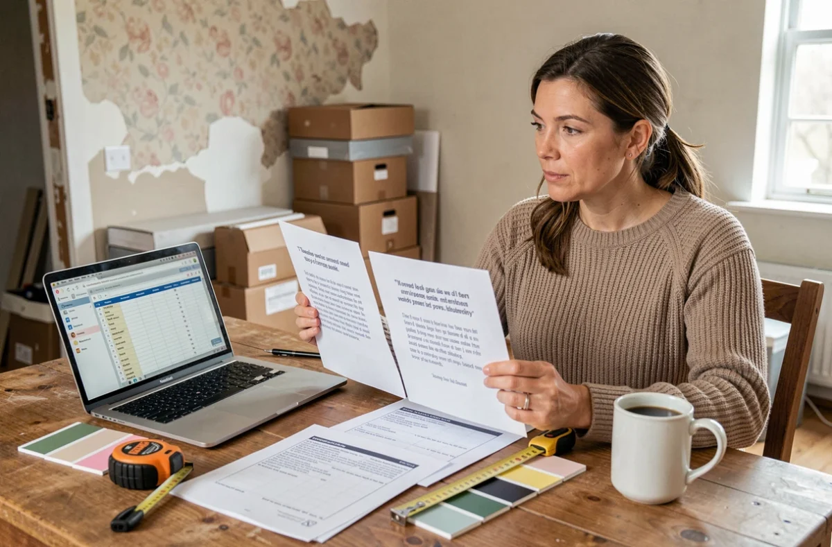 Femme comparant des devis de rénovation et gérant son budget travaux à domicile