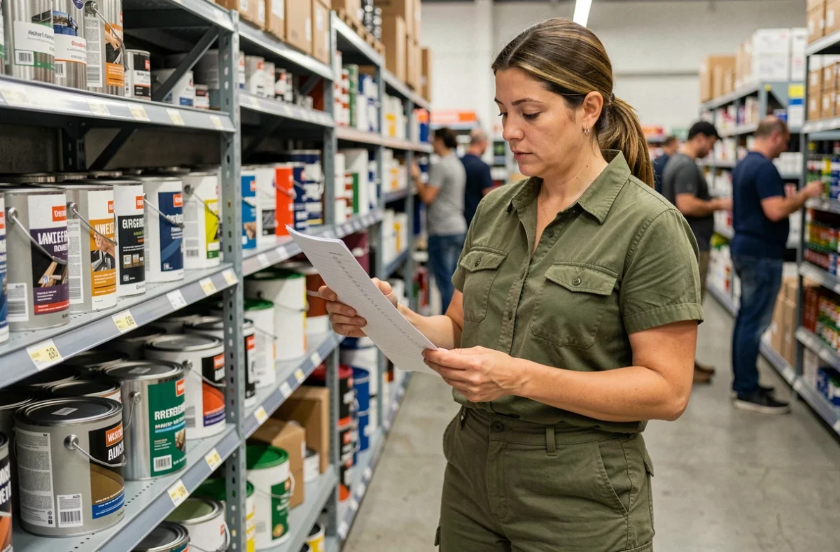 Femme comparant des prix de peinture en magasin de bricolage avec une liste de travaux à petit budget
