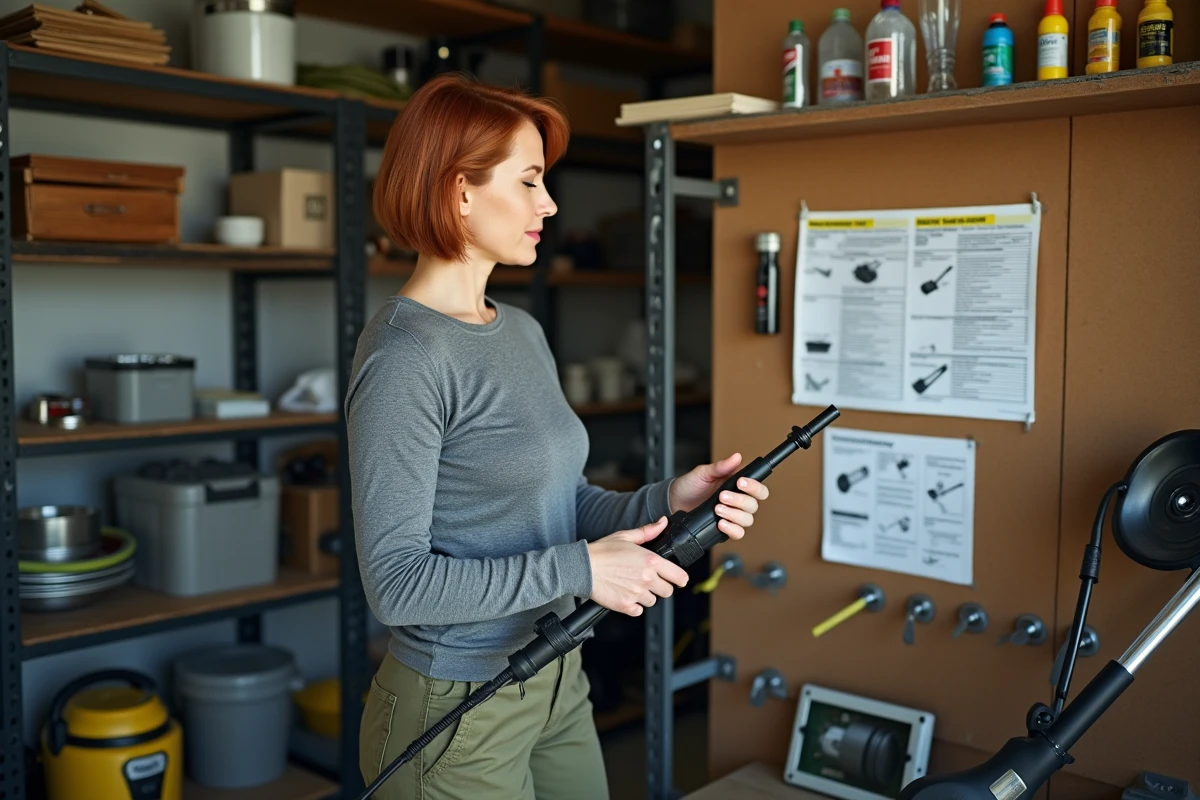 Femme comparant une lance de nettoyeur haute pression avec un tableau de compatibilité dans un atelier garage