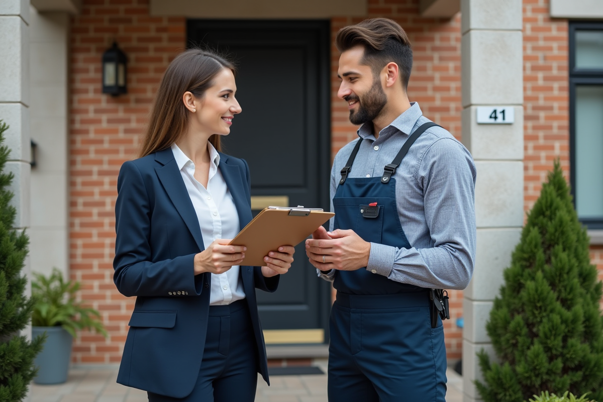 Femme vérifiant un badge avec un plombier à la porte d