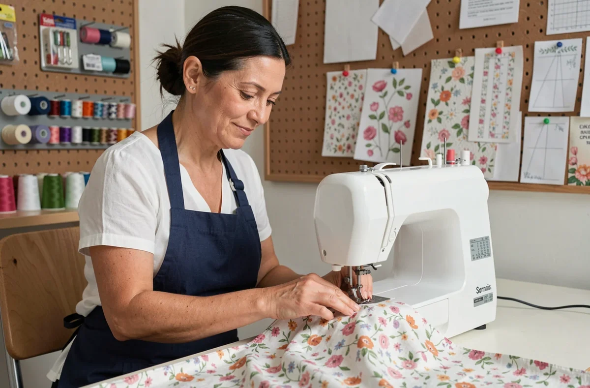 Femme cousant sur une machine à coudre compacte dans un atelier de couture organisé avec des patrons et des fournitures