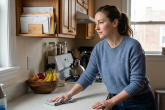 Femme nettoyant un plan de travail dans une cuisine moderne