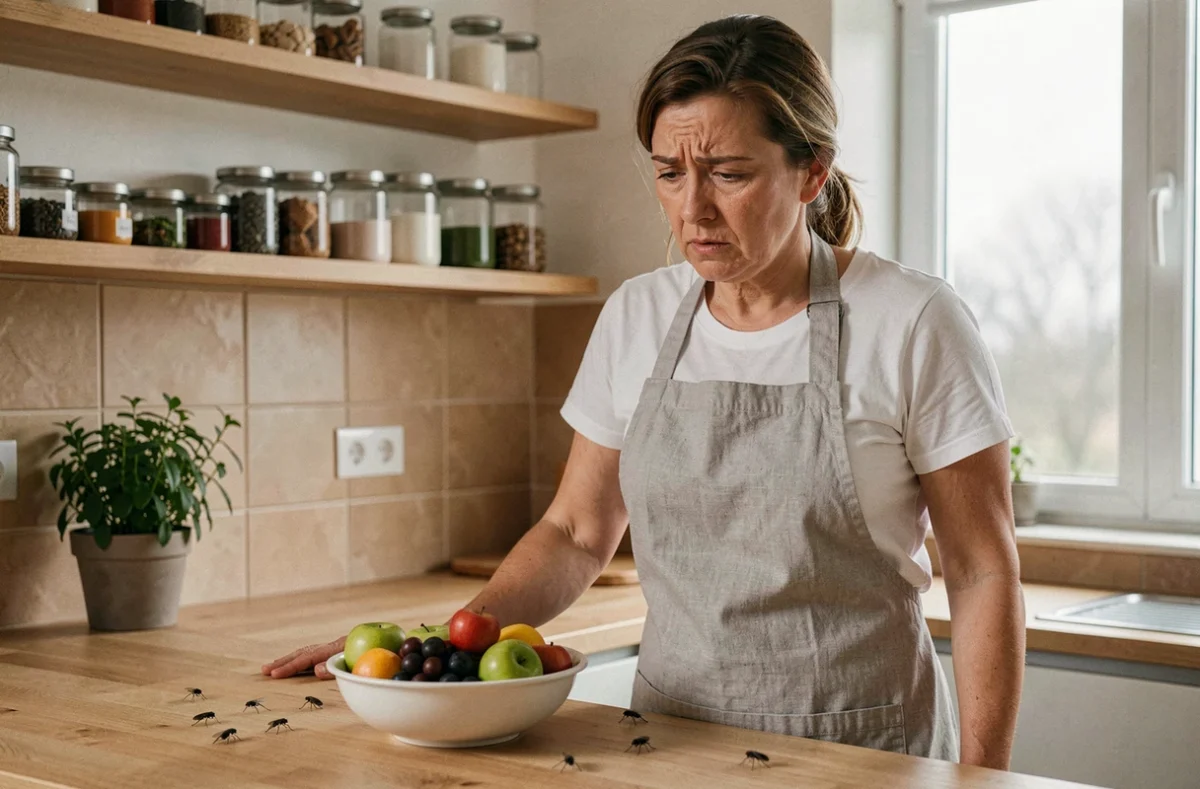 Femme dans une cuisine moderne regardant avec inquiétude un bol de fruits envahi par des mouches sur un plan de travail en bois