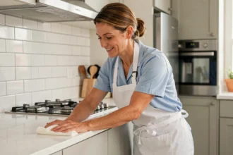 Femme de ménage professionnelle en uniforme bleu essuyant un plan de travail dans un appartement moderne à Meaux