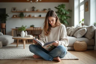 Femme en sweater dans un salon moderne et lumineux