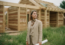 L’élégance au cœur de la construction écologique Femme élégante avec plan devant maison écologique