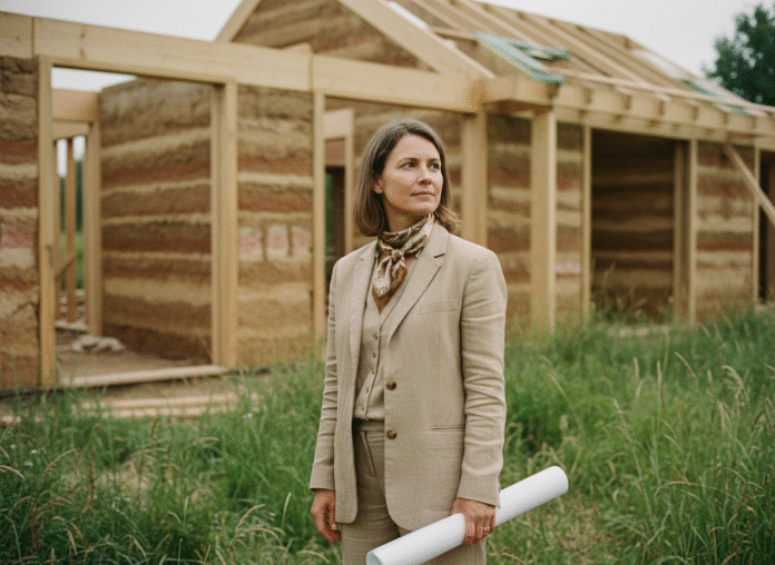 femme-eco-construction Femme élégante avec plan devant maison écologique