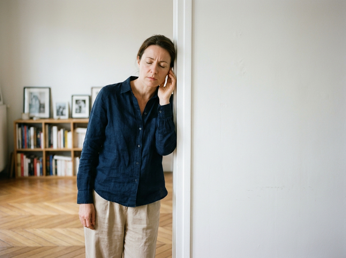 Femme écoutant à travers une cloison blanche dans un appartement pour évaluer l'isolation phonique contre les bruits de voisinage