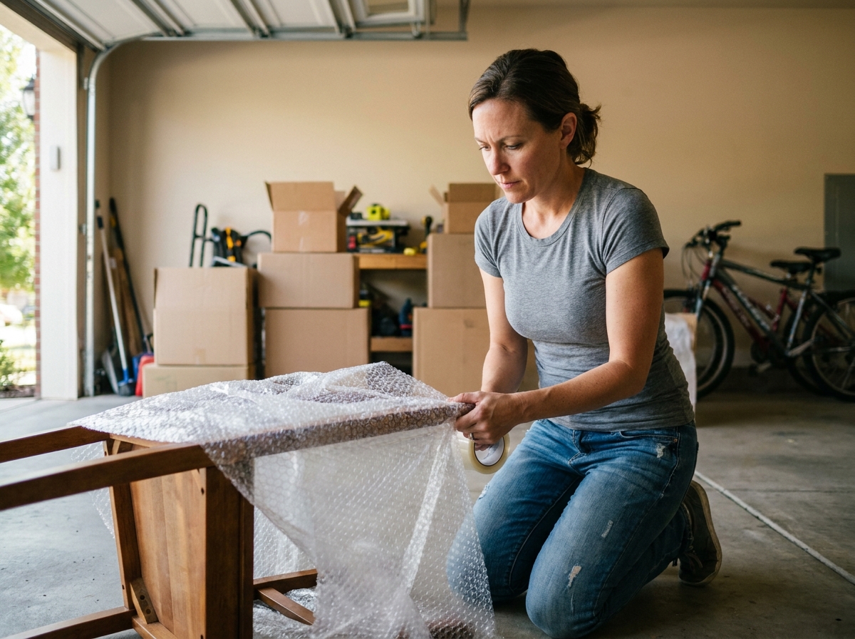 Femme emballant une chaise en bois avec du film à bulles pour la protéger avant un stockage en box