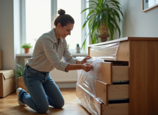Emballage de commode pour déménagement : astuces et conseils pratico-pratiques Femme en jeans emballant un commode en plastique