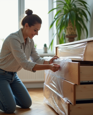 Femme en jeans emballant un commode en plastique