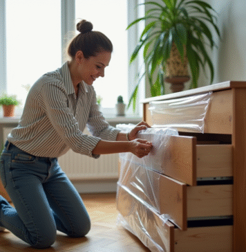 Femme en jeans emballant un commode en plastique