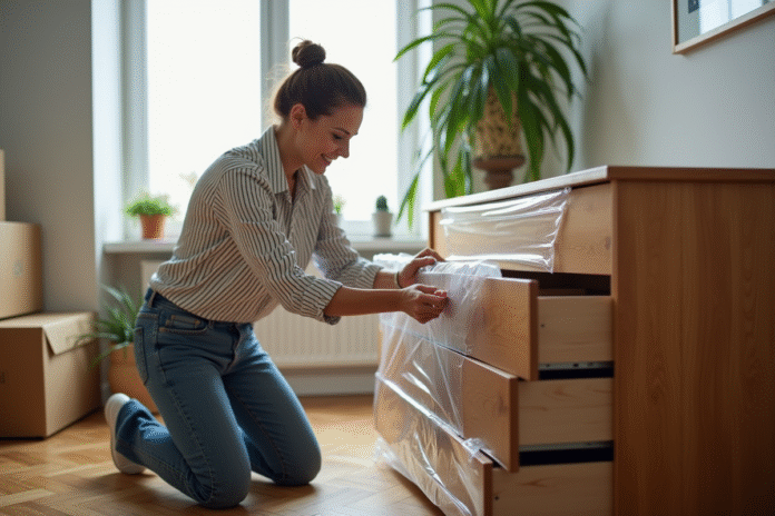 Femme en jeans emballant un commode en plastique
