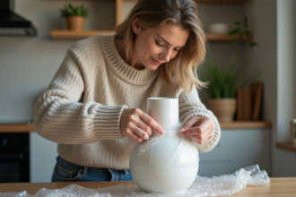 Femme emballant une porcelaine dans une cuisine chaleureuse