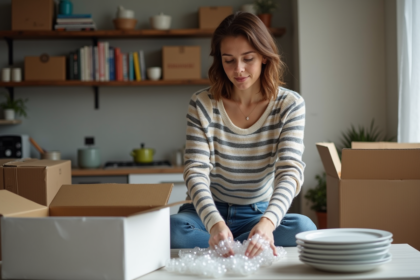 Femme emballant de la vaisselle fragile dans un appartement