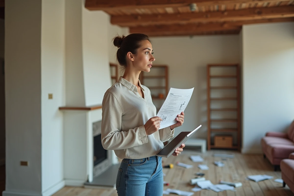 Jeune femme vérifiant devis de rénovation dans le salon