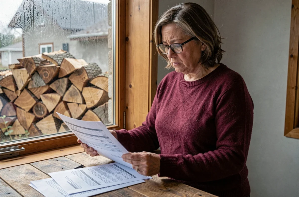 Femme consultant une facture de bois de chauffage dans un bureau rustique avec vue sur un stock de bûches
