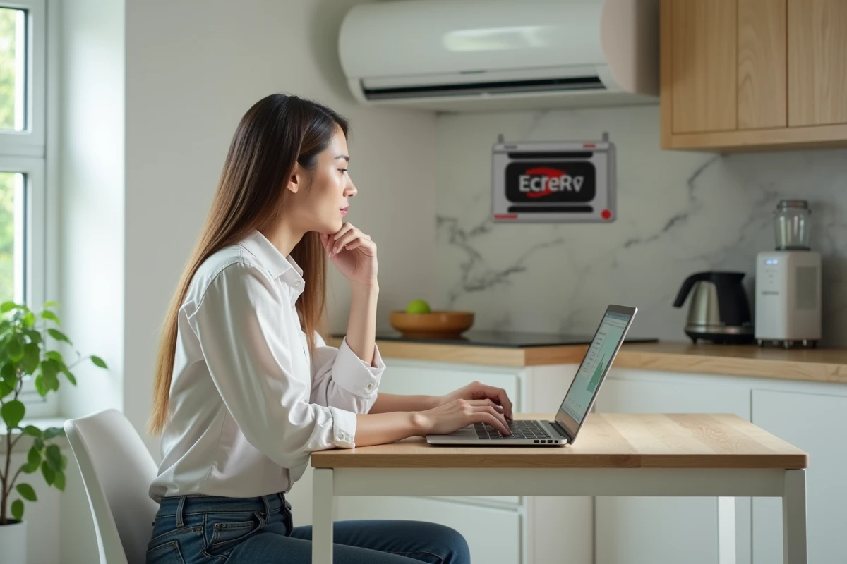 Jeune femme regardant un manuel d erreurs de pompe à chaleur