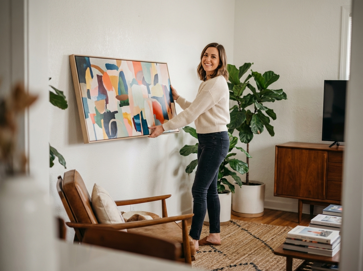 Femme souriante accrochant une toile dans un salon moderne