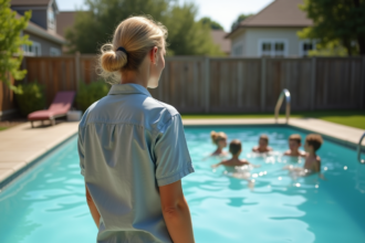 Femme inquiète près de la piscine dans le jardin