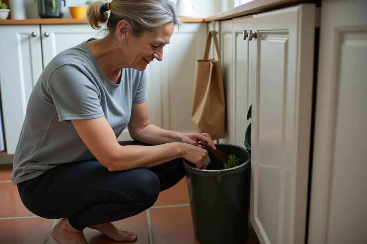 Femme inspectant un bac à compost intérieur pour détecter la présence de larves de mouche