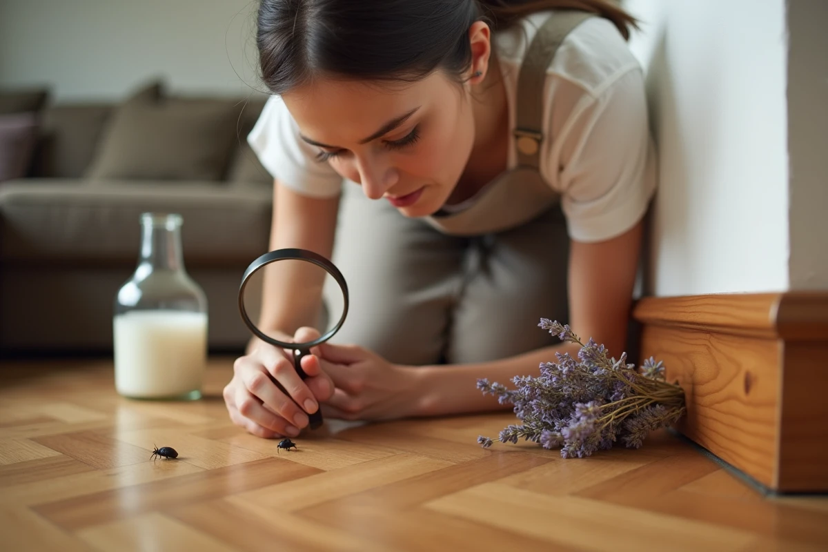 Femme inspectant un insecte noir rond près d'une plinthe avec une loupe et des solutions naturelles comme le vinaigre et la lavande
