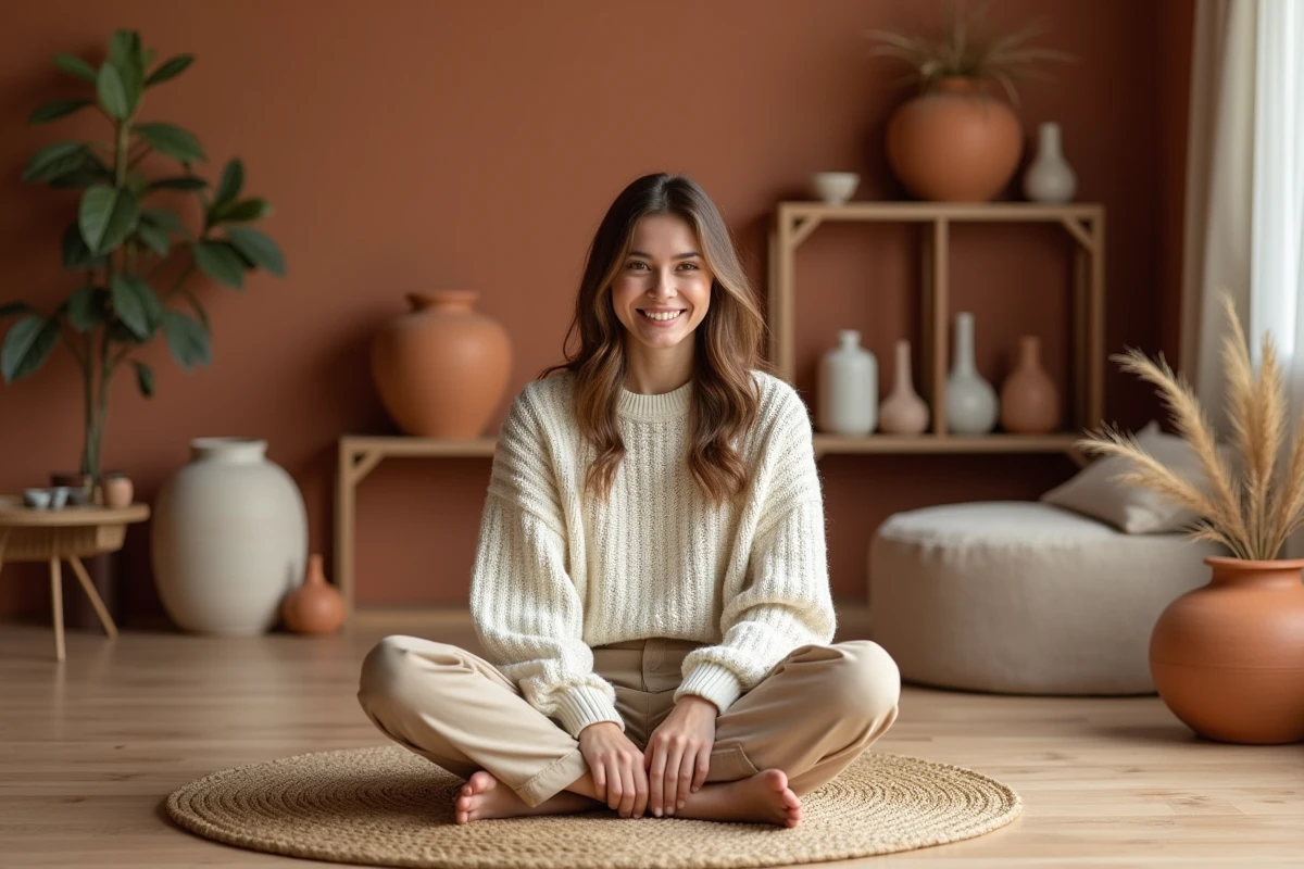 Femme assise sur un tapis en jute dans un intérieur minimaliste décoré de matériaux naturels durables comme le plâtre argile et la céramique