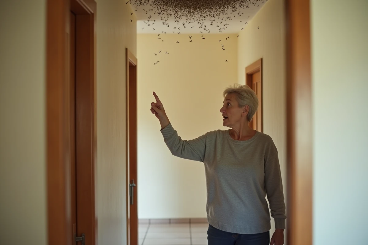 Femme inquiète pointant une invasion de termites ailées dans le couloir de son appartement