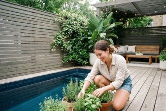 Femme souriante arrangeant des herbes dans un jardin urbain