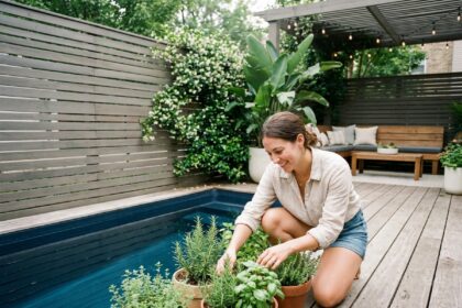 Femme souriante arrangeant des herbes dans un jardin urbain