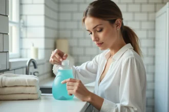 Femme versant une lessive liquide douce pour peau sensible dans le bouchon doseur devant une machine à laver