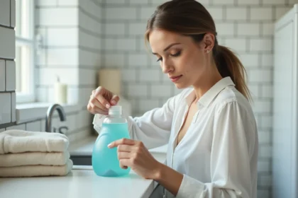 Femme versant une lessive liquide douce pour peau sensible dans le bouchon doseur devant une machine à laver