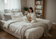 Jeune femme lisant dans une chambre chaleureuse