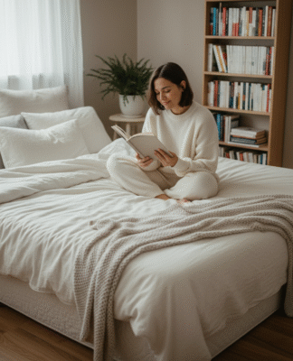 Jeune femme lisant dans une chambre chaleureuse