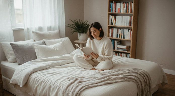 Jeune femme lisant dans une chambre chaleureuse