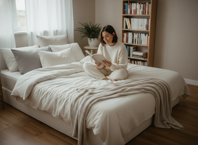 Jeune femme lisant dans une chambre chaleureuse