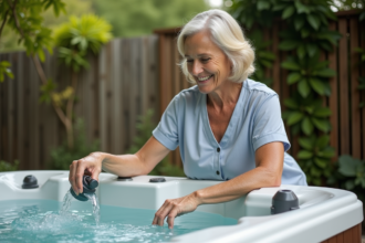 Femme souriante versant de l'eau dans un spa extérieur