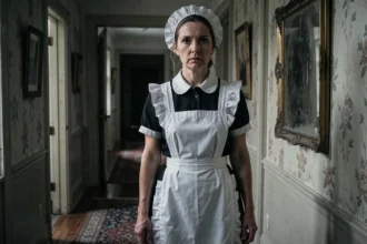 Femme de ménage en uniforme noir et blanc dans un couloir de manoir victorien inquiétant, inspirée du personnage d'American Horror Story