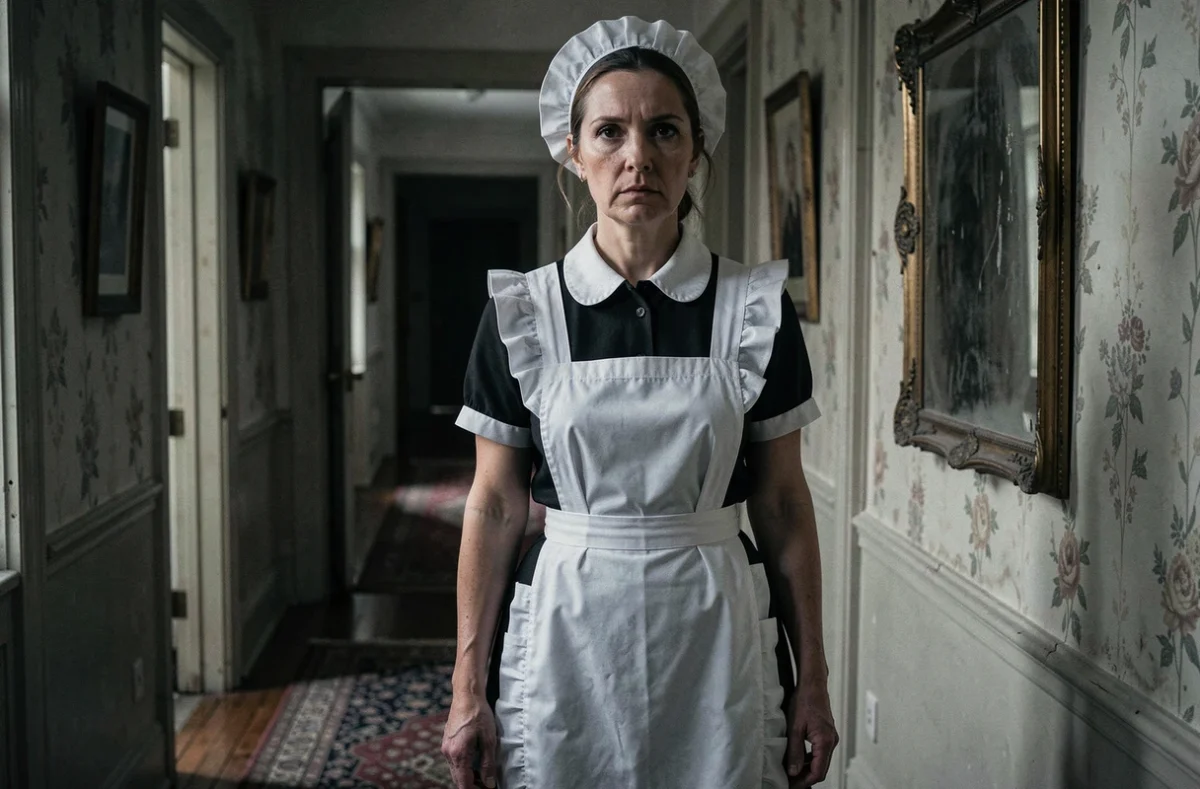 Femme de ménage en uniforme noir et blanc dans un couloir de manoir victorien inquiétant, inspirée du personnage d'American Horror Story